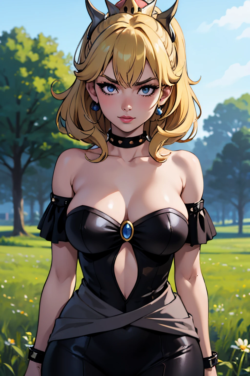 (master part:1.2), (best quality:1.2), olhos perfeitos, rosto perfeito, perfect lighting, 1girl, mature female in a field, medium blonde hair, curly hair, roupas detalhadas, fundo exterior detalhado, maquiagem, sombra, bushy eyelashes, fantasia, Looking at the Viewer, primavera
