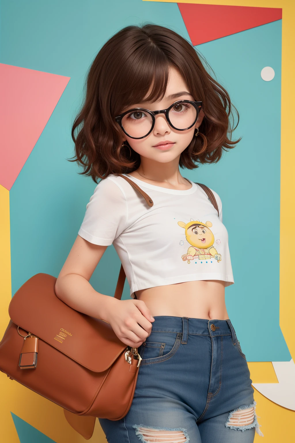 Uma adolescente de 14 anos, mas com um corpo de mulher adulta,como peitos grandes e bunda grande(nem tanto), cabelos curtos e franja meio grande, wears clear glasses, hair color is brown with some red spots, gosta muito de desenhar e prefere ser design, is clumsy and agitated, mas tem certos problemas de ansiedade e com o passado