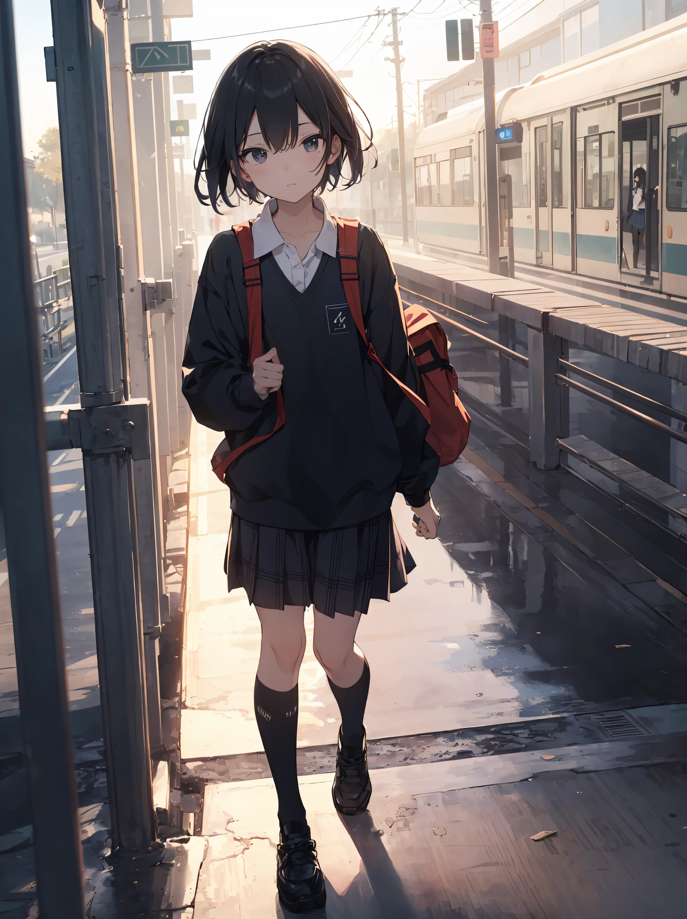 god quality, Extremely detailed, anime moe artstyle,best anime 8k konachan wallpaper,(Please draw a girl walking sleepily to school. :1.3),break, 1girl, (Solo, face, 13-yr-o.5),anior high s complete fingers,(Very Short hair), androgynous charm, flat chest, Small butt, groin, Small eyes,beatiful detailed black eyes, disgusted eyes, school Uniform, in the School commute route. break,8K, 超A high resolution, Official art, Illustration,