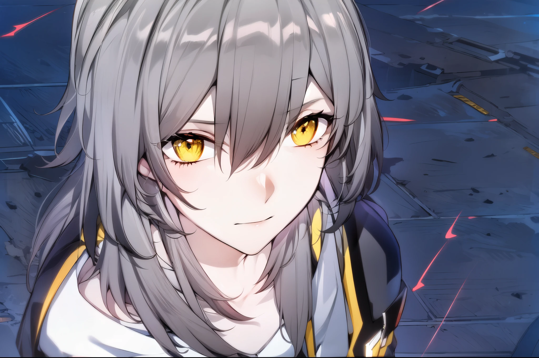 (masterpiece:1.2), (pale skin:1.2), (solo:1.2), (female:1.1), (emphasis lines:1.3), long hair, collarbone, gray hair, yellow eyes, ground, from above