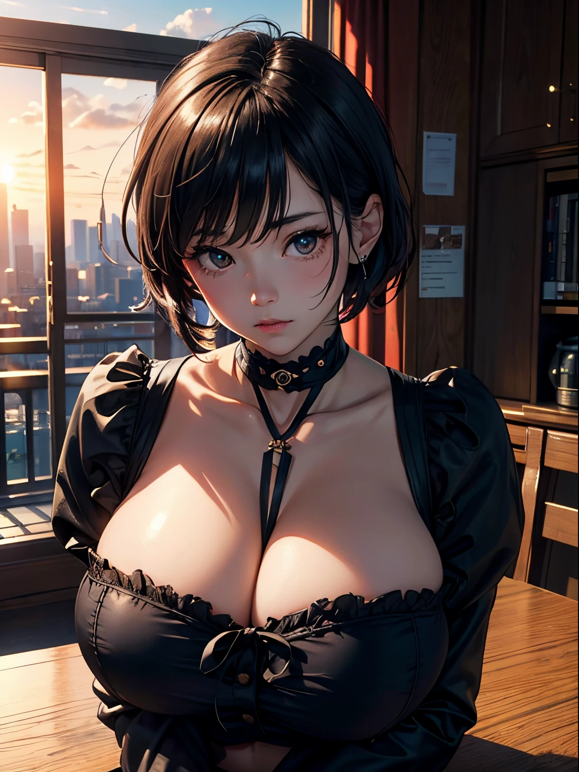 20 years girl、(​masterpiece:1.4)、(in 8K、realisitic、Raw photo、top-quality:1.4)、(Real Face:1.4)、(real looking skin:1.3)、超A high resolution、A hyper-realistic、Brown eyes、high detailing、black hair shorthair、Ruffled clothing、(huge-breasted:1.5)、Blushing、cafes、the setting sun、Sit up、black tea