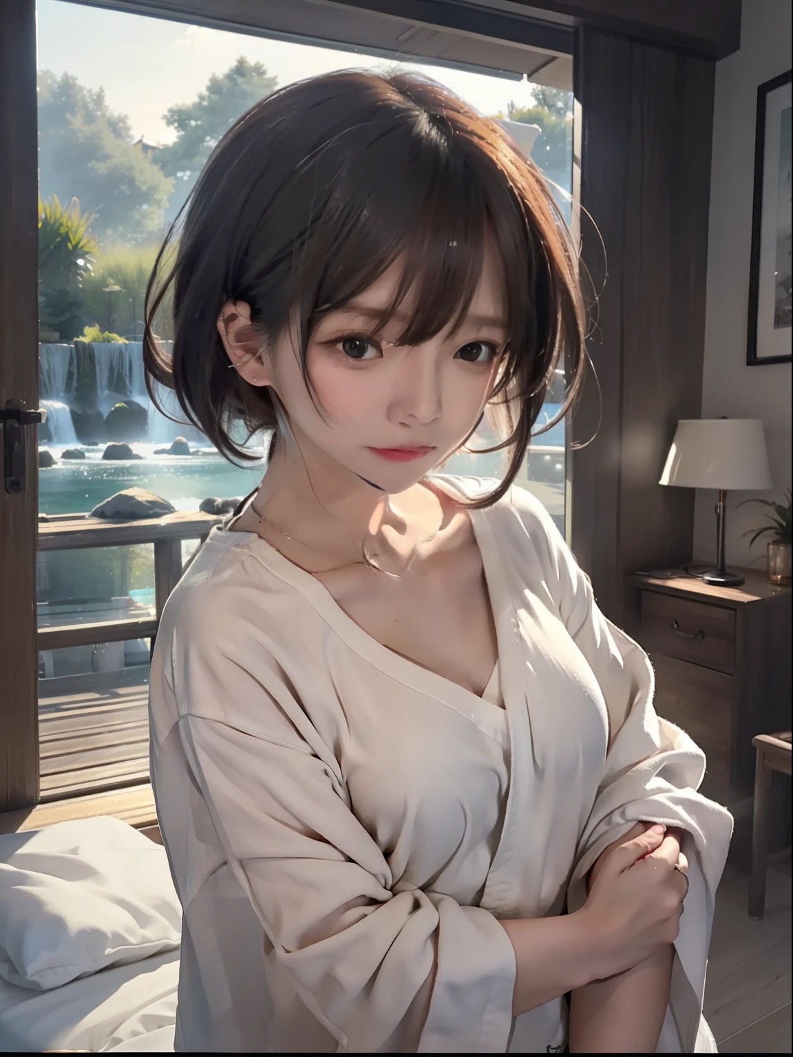 tmasterpiece, A high resolution, Lighting, in style of kyoto animation, Your name is cinematic style, natta, midynight, the soft light, enchanting glow, (1人の女性: 1.3), (Alone: 1.4), Long eyelashes, a short bob, nase_face flushed, awas_beaks, futon, nakeness, nakeness, Towels, i can play, dynamic viewing angle, Perspectives, bokeh, depth of fields_'s_venue, Translucent liquid comes from_ hereinafter