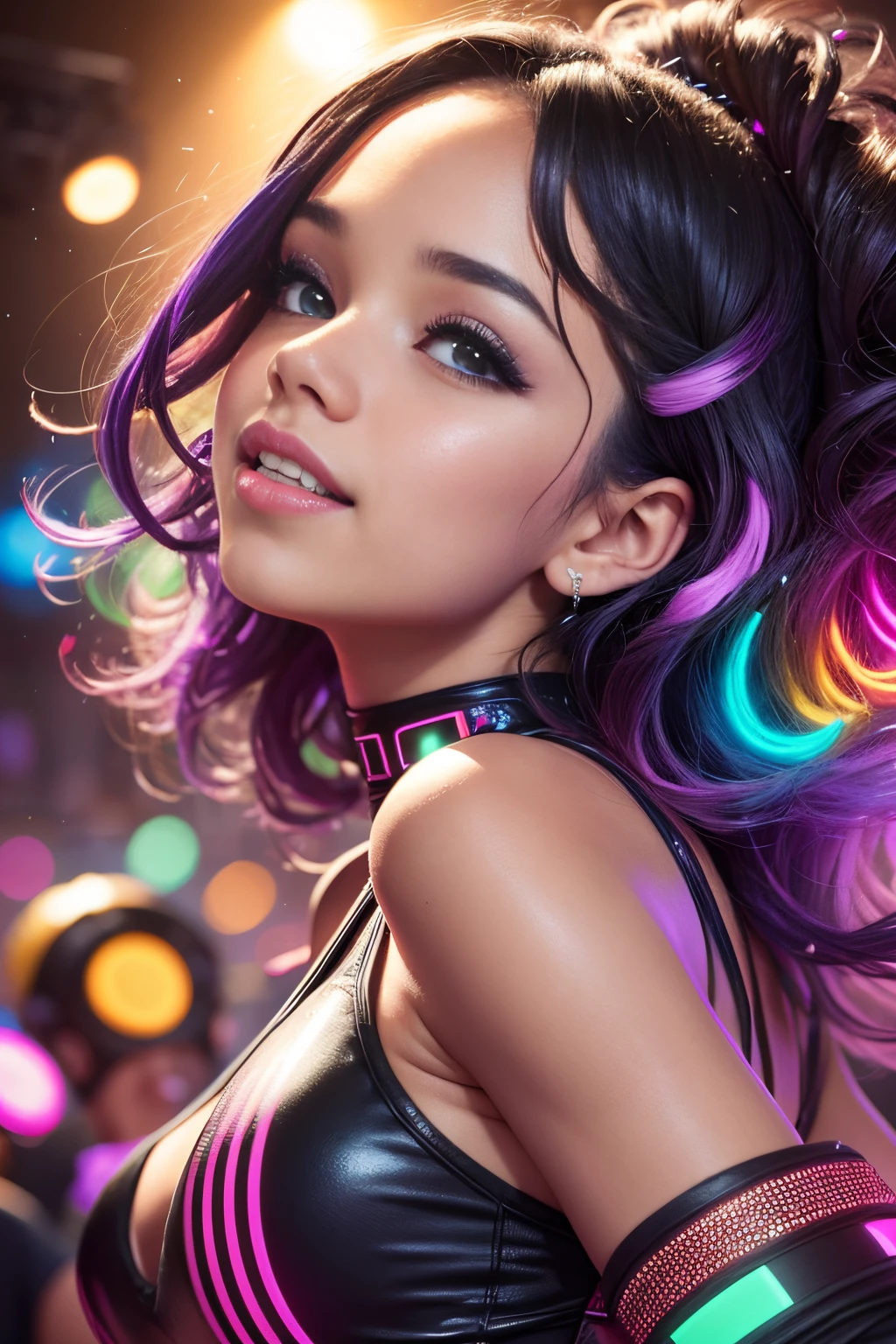 Jenna Ortega,wearing a stunning black outfit,beautiful detailed eyes,beautiful detailed lips,extremely detailed eyes and face,longeyelashes,curly hair,confident expression,energetic moves,full of joy and excitement,dancing in a crowded,dark underground club,with pulsating neon lights,bursts of colorful laser beams,smoke-filled atmosphere,high-energy electronic music,people in vibrant costumes,moving lights,flashing strobes,disco balls,people cheering and dancing,rhythmical movements,energetic ambiance,overwhelming sensory experience,best quality,4k,8k,highres,masterpiece:1.2,ultra-detailed,realistic,photorealistic:1.37,UHD,studio lighting,vivid colors,bokeh,portrait