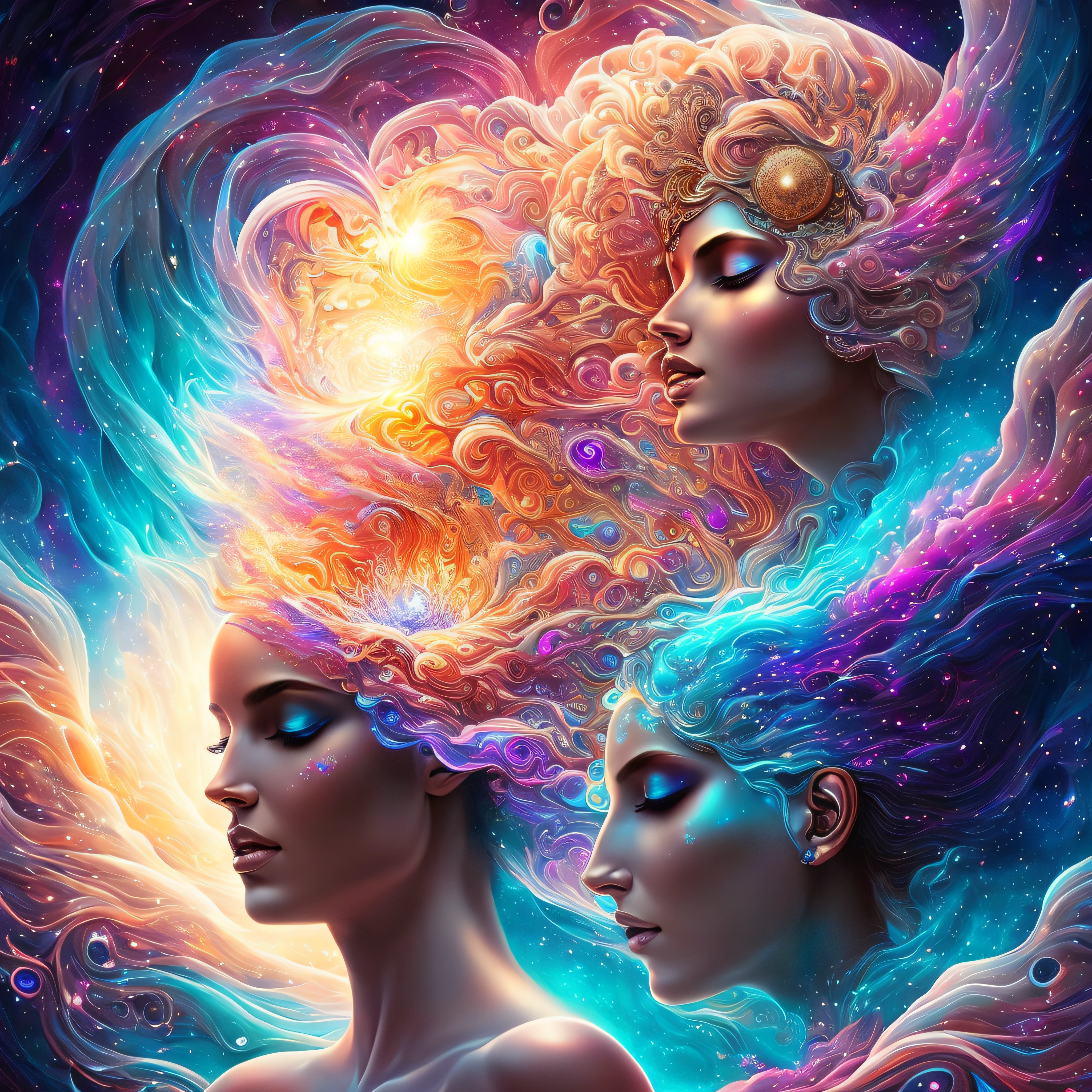 Plunge into the ether that flows with the eternal soul through the vibrations of love, Everything is connected, Flowing energy, spiritual, divine, Dreams, cosmic, concept-art, Blowing the Mind, Female beauty, god, Pineal gland, dreamlikeart