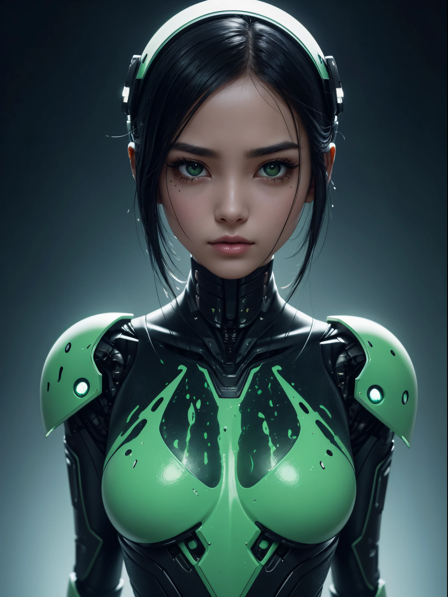 On a desolate alien planet, Robot beauty is exploring, green liquid dripping from body, full bodyesbian，Black hair, hair pin, Empty eyes, eyeballs, Long eyelashes, Serious, face expressionless, modern, depth of fields, 电影灯光, ray traycing, god light, hyper HD, 4K, Best quality, super detailing, ctextured skin, Anatomically correct, high detal, high high quality, Award-Awarded