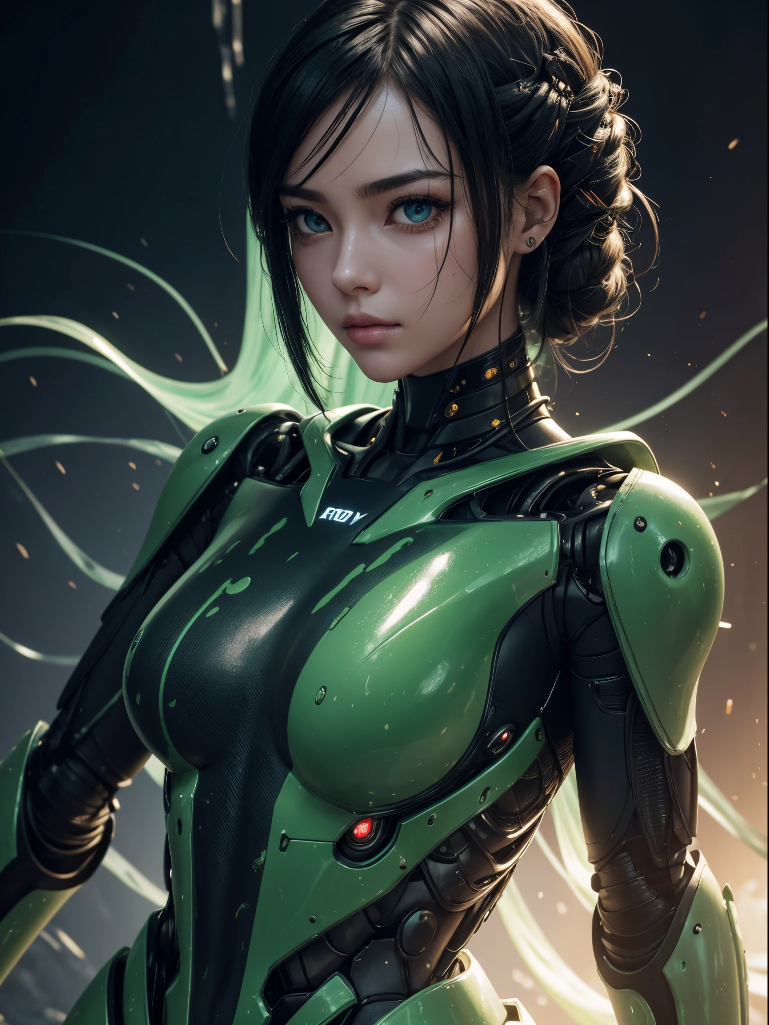 On a desolate alien planet, Robot beauty is exploring, green liquid dripping from body, full bodyesbian,Black hair, hair pin, Empty eyes, eyeballs, Long eyelashes, Serious, face expressionless, modern, depth of fields, 电影灯光, ray traycing, god light, hyper HD, 4K, Best quality, super detailing, ctextured skin, Anatomically correct, high detal, high high quality, Award-Awarded
