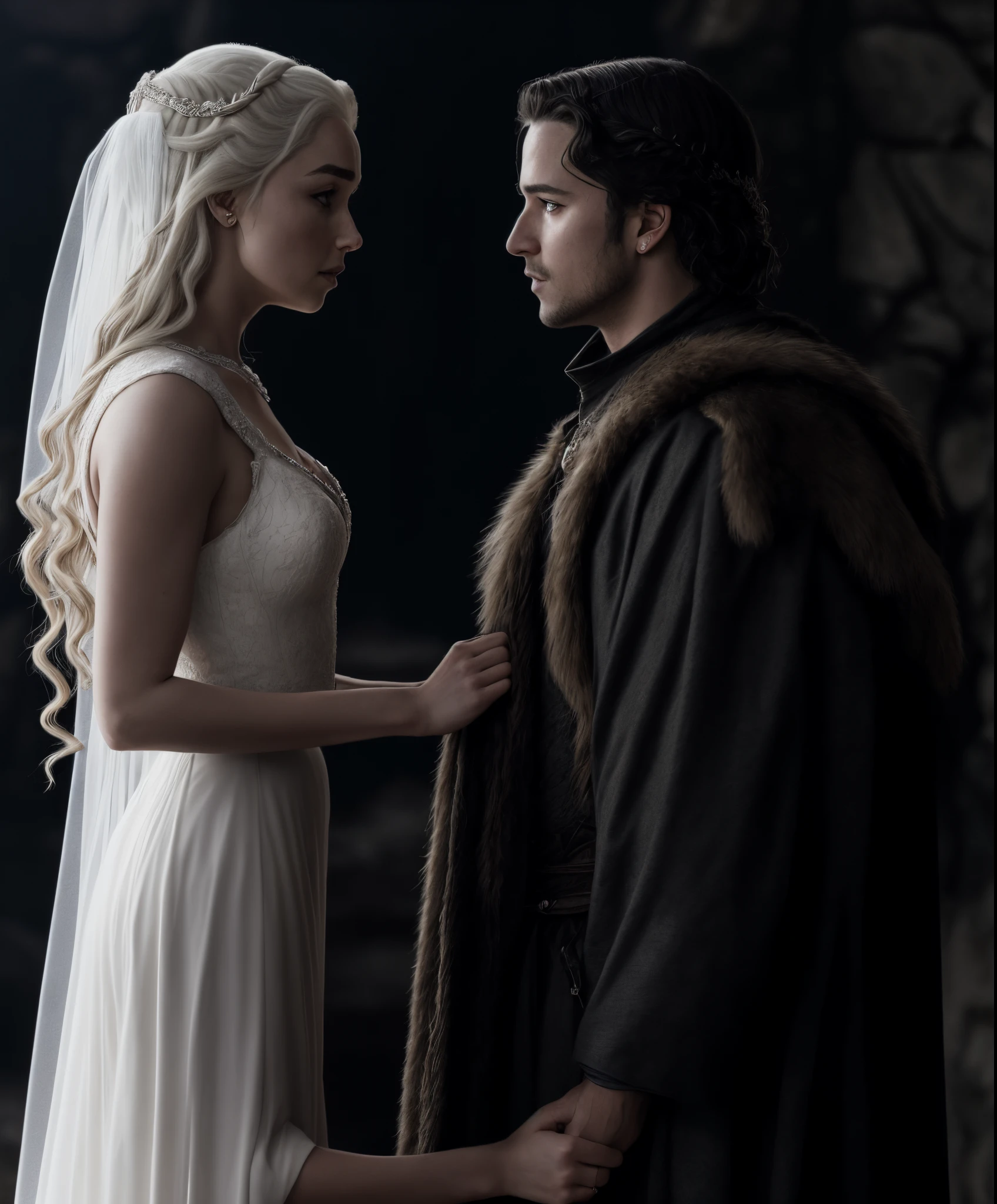 Daenerys Targaryen marrying a Targaryen young man with long white hair no facial hair and has an eyepatch