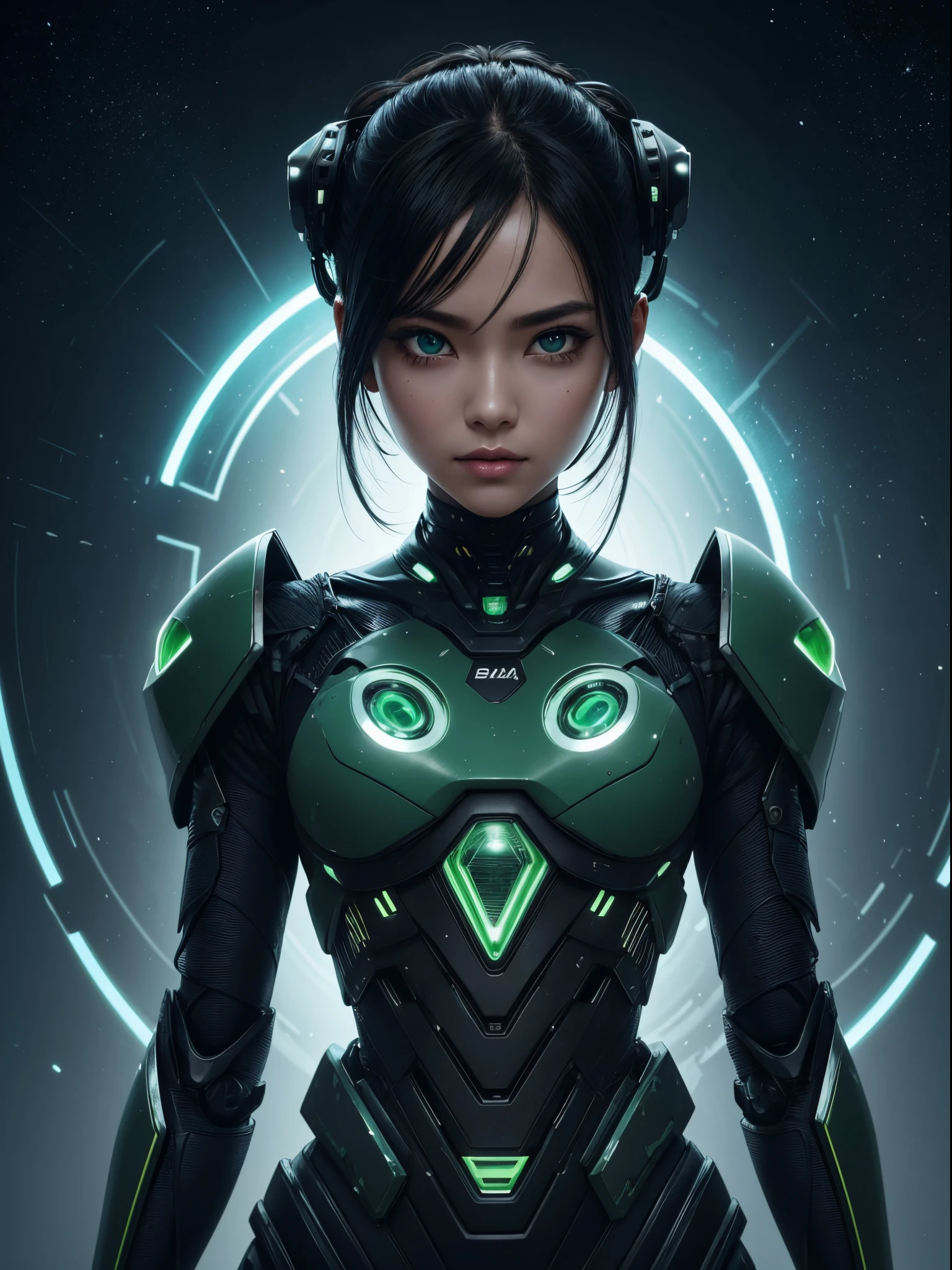 On a desolate alien planet, Robot beauty is exploring, green liquid dripping from body, full bodyesbian，Black hair, hair pin, Empty eyes, eyeballs, Long eyelashes, Serious, face expressionless, modern, depth of fields, 电影灯光, ray traycing, god light, hyper HD, 4K, Best quality, super detailing, ctextured skin, Anatomically correct, high detal, high high quality, Award-Awarded
