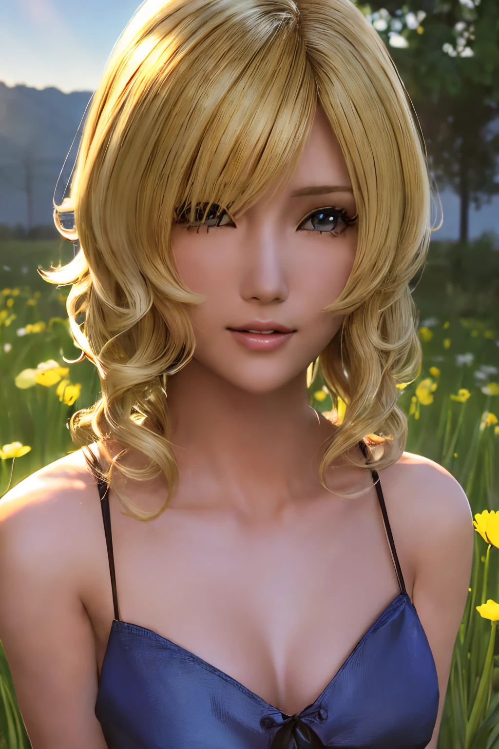 (master part:1.2), (best quality:1.2), olhos perfeitos, rosto perfeito, perfect lighting, 1girl, mature female in a field, medium blonde hair, curly hair, roupas detalhadas, fundo exterior detalhado, maquiagem, sombra, bushy eyelashes, fantasia, Looking at the Viewer, primavera