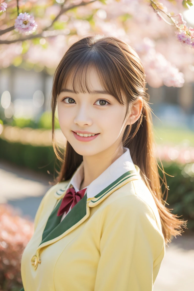 (Best Quality,4K,8K,hight resolution,masutepiece:1.2),Beautiful Girl,,uniform,Glowing skin,Sparkling eyes,long shiny hair,Sweet smile,Elegant posture,fresh flowers in the background,Vibrant colors,Soft lighting,Feminine elegance