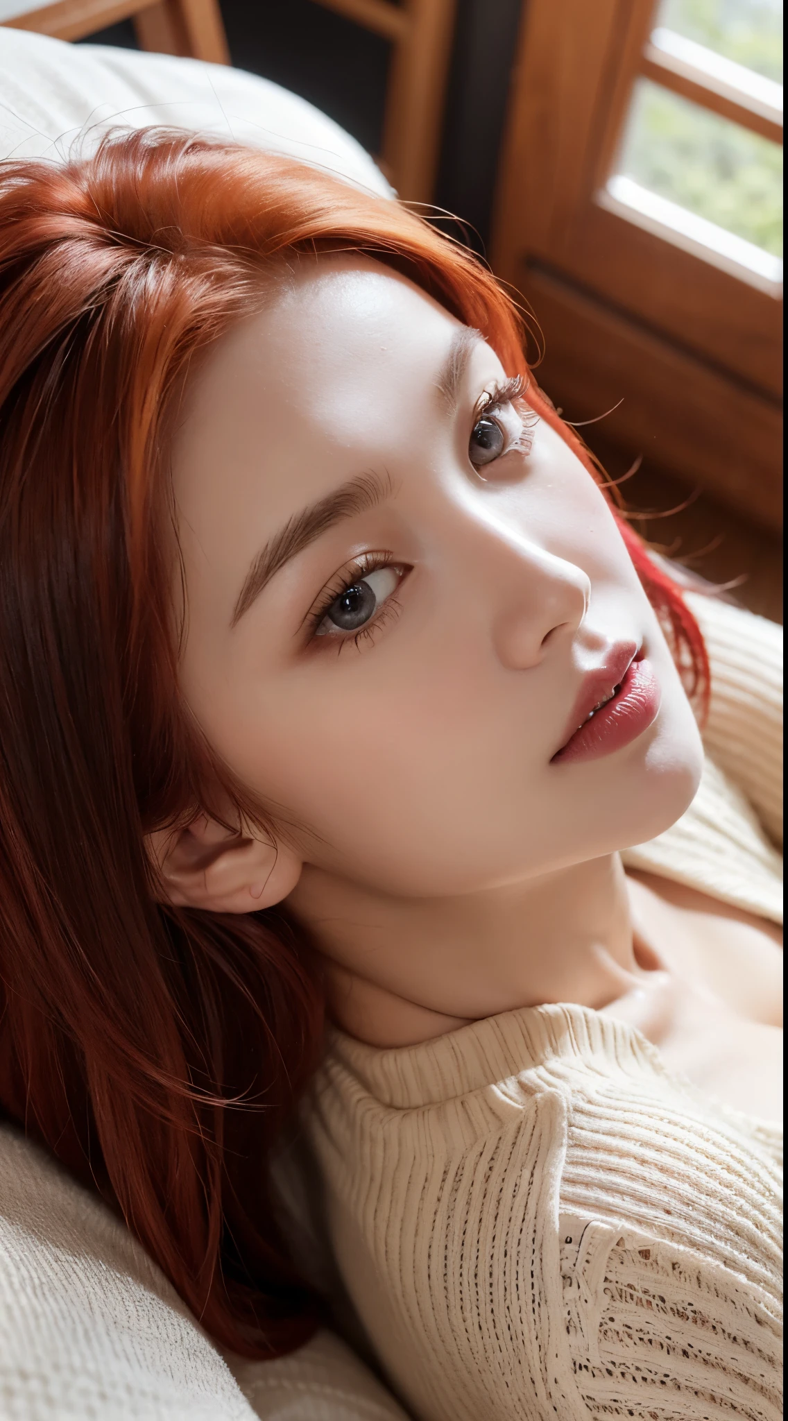 Generate an image capturing a close-up perspective of the red-haired woman from an overhead angle. Showcase her vibrant hair with streaks of color and the details of her casual outfit. Utilize cinematic lighting to emphasize facial features and create a warm atmosphere. The scene is set indoors, with the camera angle capturing the woman in a relaxed and comfortable home setting. This close-up, top-down view adds an intimate touch to the composition, allowing a detailed focus on her natural beauty. Incorporate various keywords from the SeaArt list for each category to maintain a diverse and engaging visual.