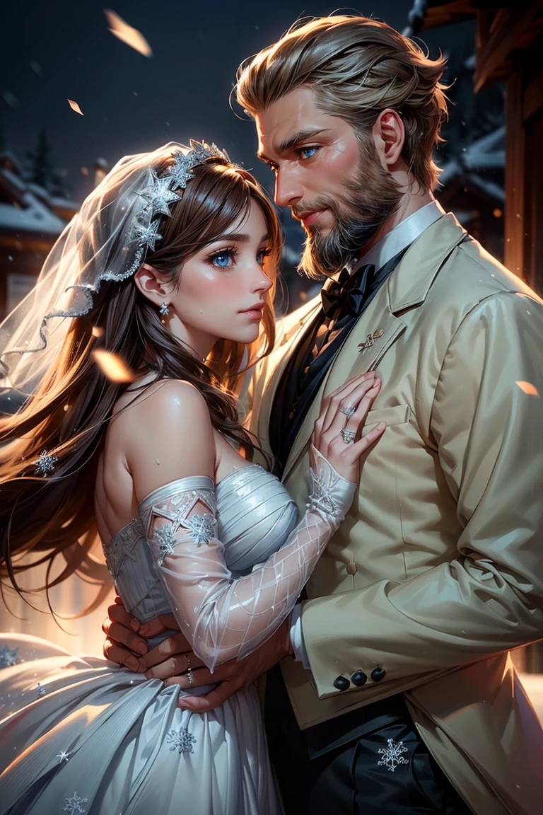 ((one woman with blue eyes and brown hair in wedding dress)), ((one man with blonde hair a beard in a tuxedo)), (((looking at each other))), ((smiling)), happy, 8k artgerm bokeh, fanart best artstation, render photorealistic, guweiz-style art, inspired by WLOP, ig model | artgerm, detailed portrait, stunning portrait of realistic face, beautiful portrait, deviantart artstation cgscosiety, snowy mountain background,  (snowflakes floating in air:1.3), early morning light, crepuscular lighting, dynamic pose, dynamic angle, snow covered ground