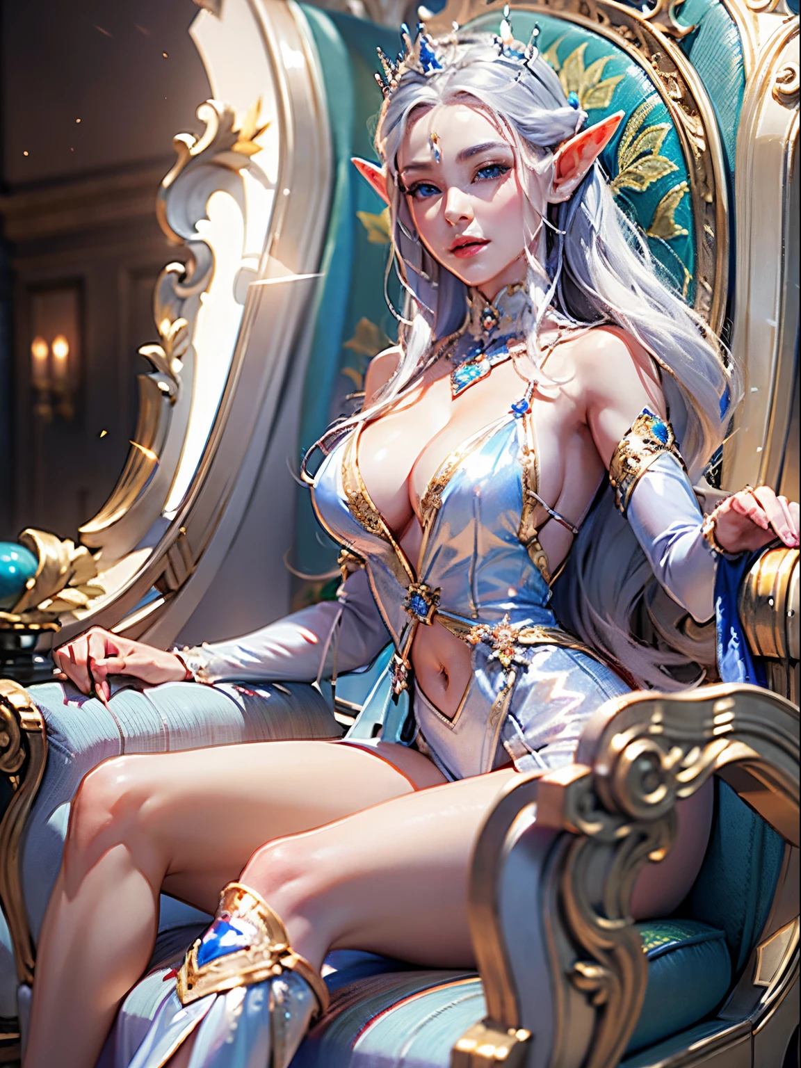 ((elf queen))8K、An ultra-high picture quality、Ultra-realistic details、3d rendered、Beautiful fair-skinned and feminine style、Sit in a plush chair、Sexy costume with wide open chest、Silver decoration、Dazzling spotlights、Blur the background、