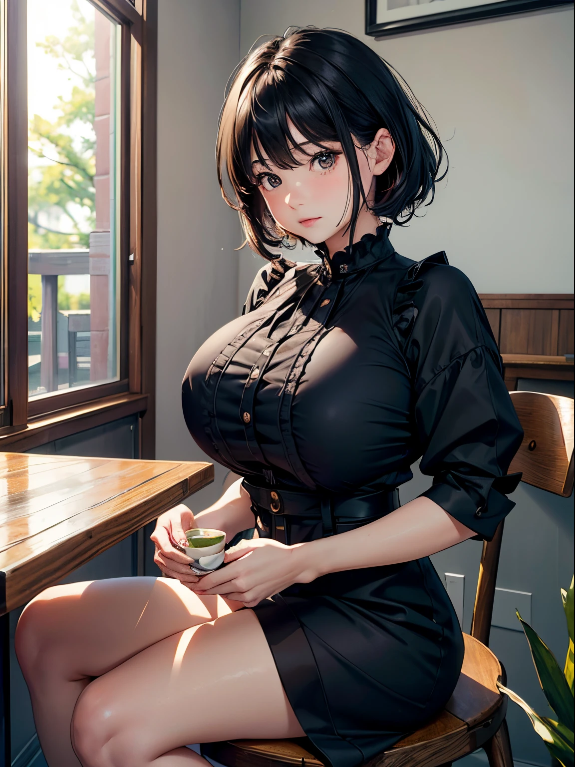 20 years girl、(masterpiece:1.4)、(in 8K、realisitic、Raw photo、top-quality:1.4)、(Real Face:1.4)、(real looking skin:1.3)、超A high resolution、A hyper-realistic、Brown eyes、high detailing、black hair shorthair、Ruffled clothing、(huge-breasted:1.5)、Blushing、cafes、the setting sun、Sit up、black tea
