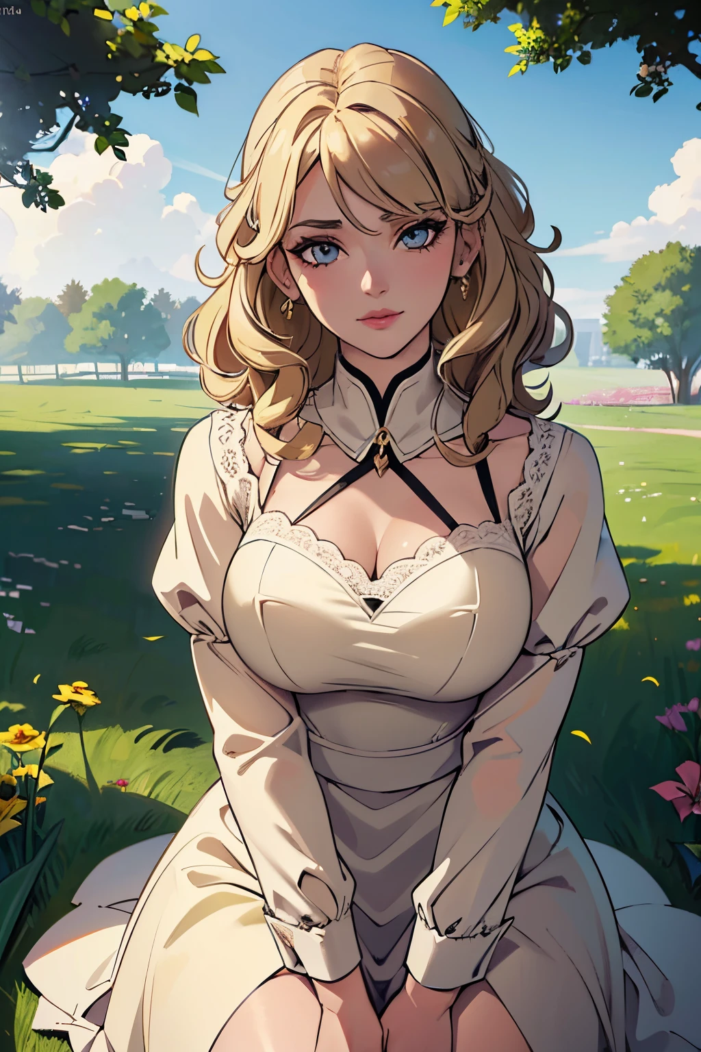 (master part:1.2), (best quality:1.2), olhos perfeitos, rosto perfeito, perfect lighting, 1girl, mature female in a field, medium blonde hair, curly hair, roupas detalhadas, fundo exterior detalhado, maquiagem, sombra, bushy eyelashes, fantasia, Looking at the Viewer, primavera