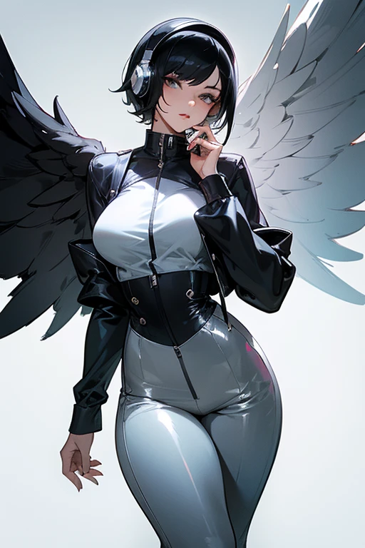 Create an artwork of a beautiful woman with short black hair, imposing, 26 years old, with silver headphones, silver jacket, with silver wings, well-manicured nails, silver skin-tight pants, in high heels with thick silver soles, shiny, Chrome, detailed, 8k