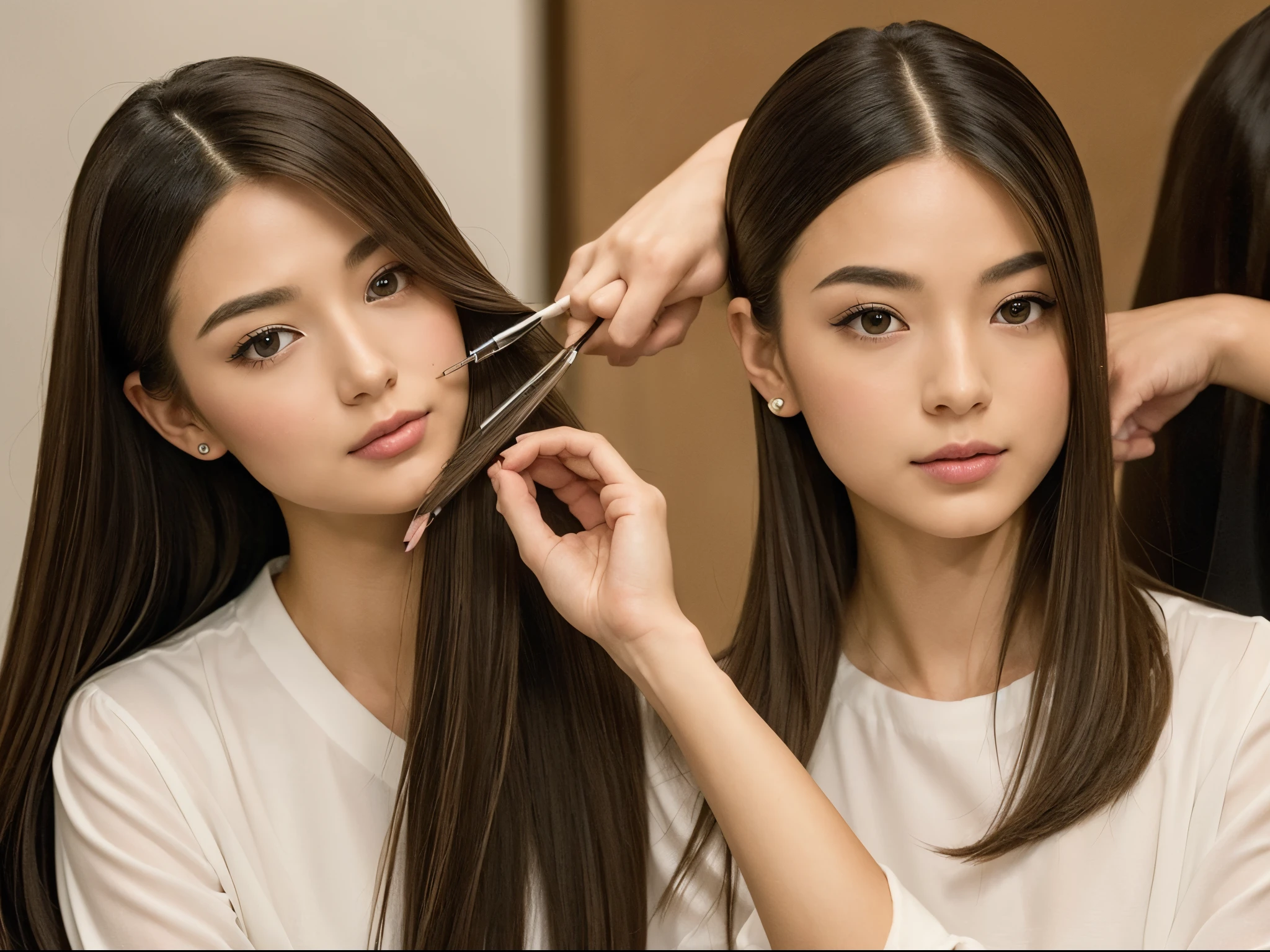 ((Masterpiece, Best Quality, High Definition)), (Photorealistic: 1.4), At a modern Japanese beauty salon、A scene in which a woman is consulting about her hairstyle。A woman discusses her hair type and style preferences with her hairdresser。The beauty salon has a sophisticated interior.、The woman's expression is full of anticipation and interest.。painted with realistic texture、Capturing the moment a woman chooses the new hairstyle that's perfect for her。