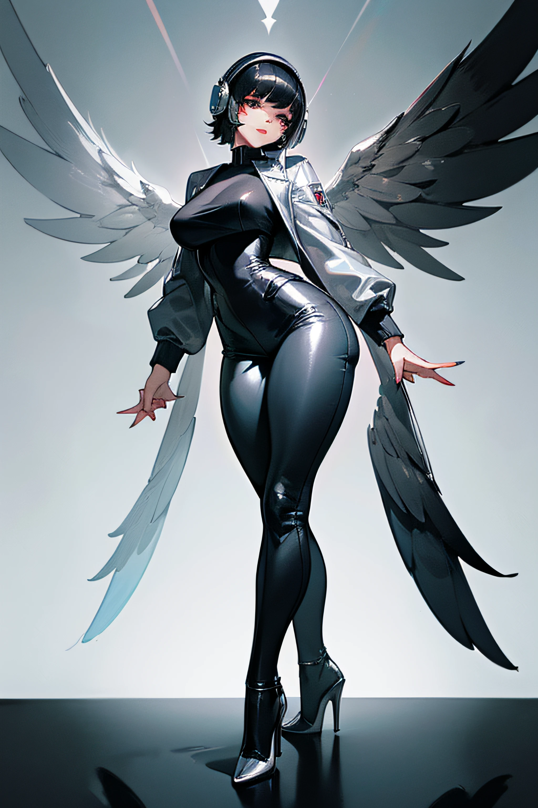 Create an artwork of a beautiful woman with short black hair, imposing, 26 years old, with silver headphones, silver jacket, with silver wings, well-manicured nails, silver skin-tight pants, in high heels with thick silver soles, shiny, Chrome, detailed, 8k