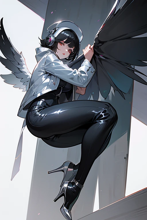 Create an artwork of a beautiful woman with short black hair, imposing, 26 years old, with silver headphones, silver jacket, with silver wings, well-manicured nails, silver skin-tight pants, in high heels with thick silver soles, shiny, Chrome, detailed, 8k