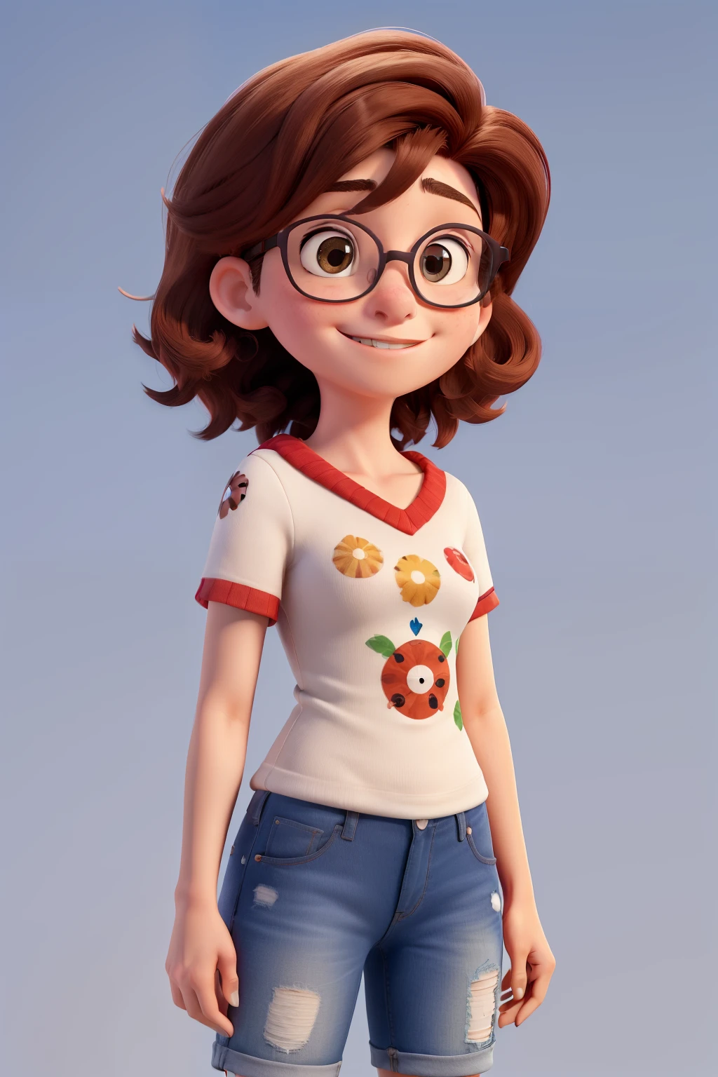 Uma adolescente de anos, mas com um corpo de mulher adulta,como peitos grandes e bunda grande(nem tanto),possue olhos castanhos, tem algumas espinhas na cara e usa aparelho nos dentes, cabelos curtos e franja meio grande, wears clear glasses, hair is brown with some red spots, gosta muito de desenhar e prefere ser design, is clumsy and agitated, mas tem certos problemas de ansiedade e com o passado