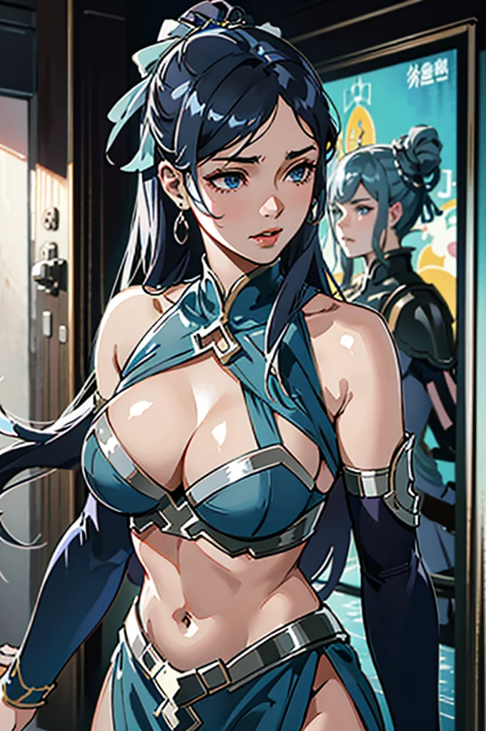 close up shot of a woman in a silver and blue dress, silver armor, large breasts, cleavage, chengwei pan on artstation, by Yang J, detailed fantasy art, stunning character art, exposed midriff