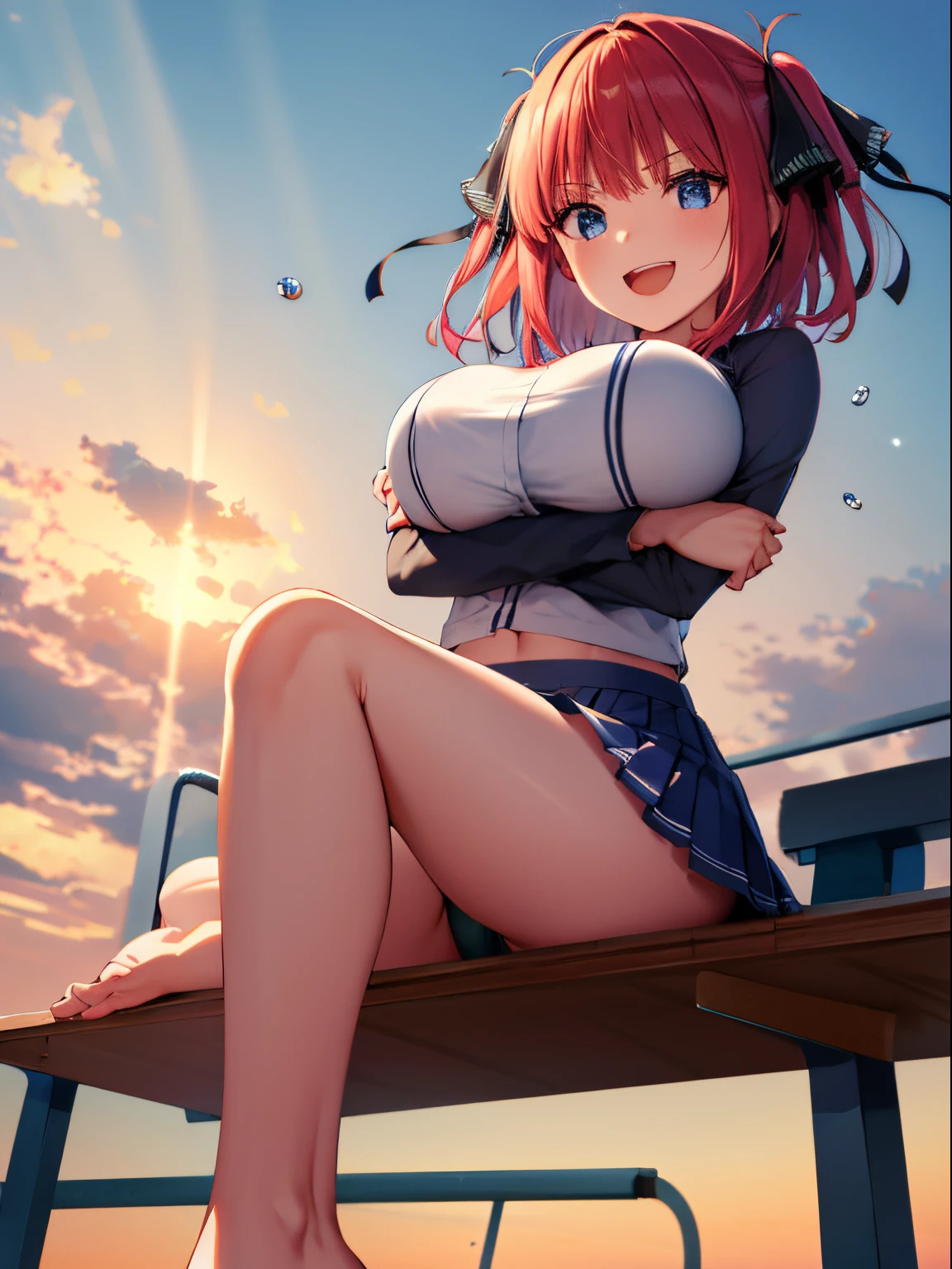 absurdres, highres,
BREAK
looking at viewer, full body, (from below:1.5)
BREAK
(vivid-color:1.3)
BREAK
(one girl:1.3), (:1.2),red hair, blue eyes, tennis uniform, hairclip, earrings, jewelry, nm1, hair ribbon, short hair, tennis cosplay, (pleated super short skirt:1.4), (thighs:1.3), large breasts, (evil smile:1.3), open mouth, (folding one's arms:1.3), (breast:1.3), round eyes, (blowing in the wind:0.5), sweat around girl, dripping sweat, (((Very pretty panties))), (sit on a bench:1.3), (bare feet:1.3), (foot focas:1.2),spread legs,looking down,looking at viewer, perfect foot,emphasis on the soles of the feet, from below ceiling, breath, pov, (shiny skin:1.1), squall (wind:1.2), sense of speed, refreshing breeze, motion blur effect, wind
BREAK
background is (tennis court:1.3), (Stand in the center of the screen:1.3), (10,000 people spectators:1.3), multiple people behind you, blue sky with clouds, outdoors, (magnificent panorama view:1.2), wind
BREAK
sunlight, magnificent view, rainbow in the sky, light particles, dynamic angle, dutch angle, perspective
BREAK
(daytime, sunbeam:1.2), depth of field, bokeh, light leaks, (chromatic aberration:1.2), noon
BREAK