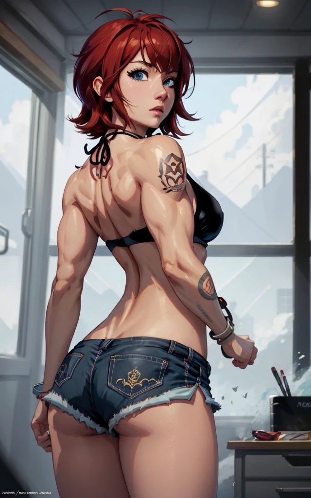 1 girl alone, alone, short haired, red hair, black eyes, anime girl with tattoos posing in bikini, academy, shorts, , bikini, anime digital art, anime girl, female anime girl, anime art, muscular! , Great Oppai , Ilya Kuvshinov, Badass Anime 8K, realistic art, (from behind)