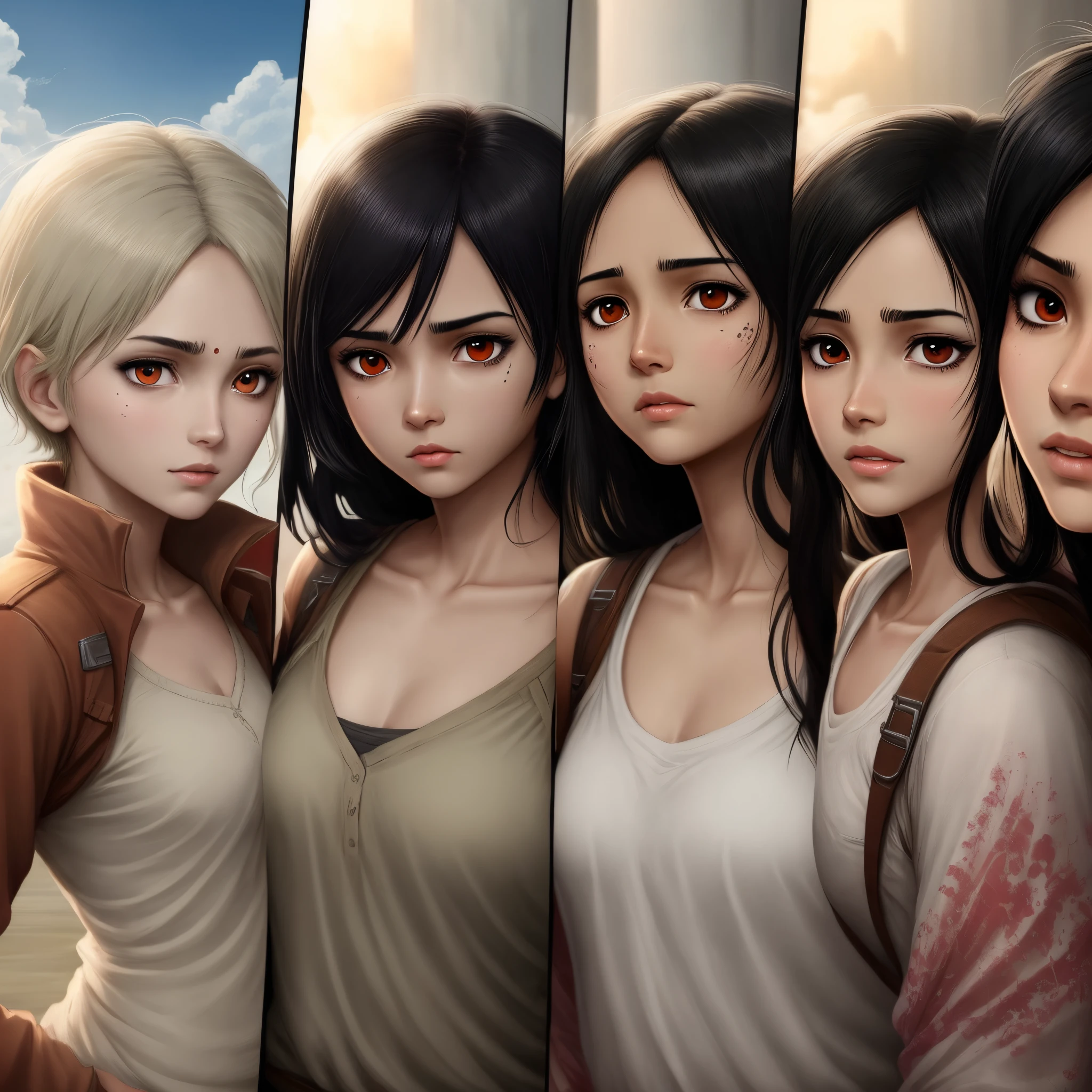 can you make an images of a raven haired indian girl with a black eye color all throughout the four seasons of attack on titan