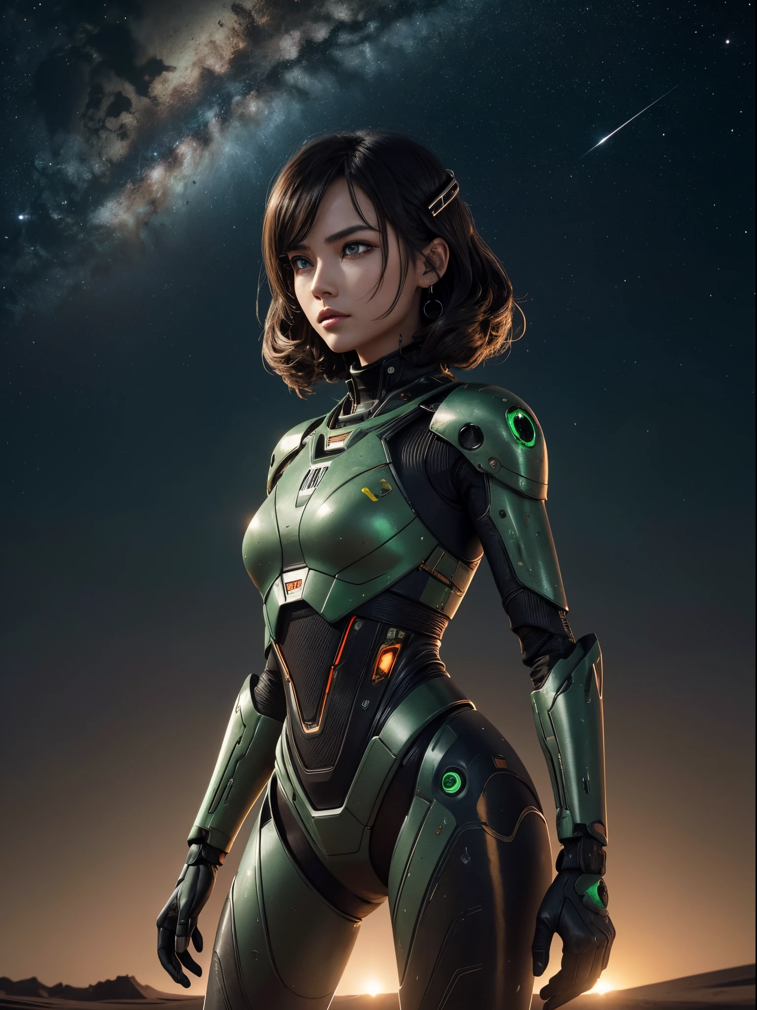 On the surface of a desolate alien planet,desert,gravel,meteorite,meteors,space,Pluto, The beauty of robots is being explored, Green blood drips, full bodyesbian,high-heels,brunette color hair, hair pin, vacant eyes, eyeballs, Long eyelashes, Serious, face expressionless, modern, depth of fields, 电影灯光, Ray traching, god light, hyper HD, 4K, Best quality at best, super detailing, ctextured skin, Anatomically correct, high detal, high high quality, Award-Awarded