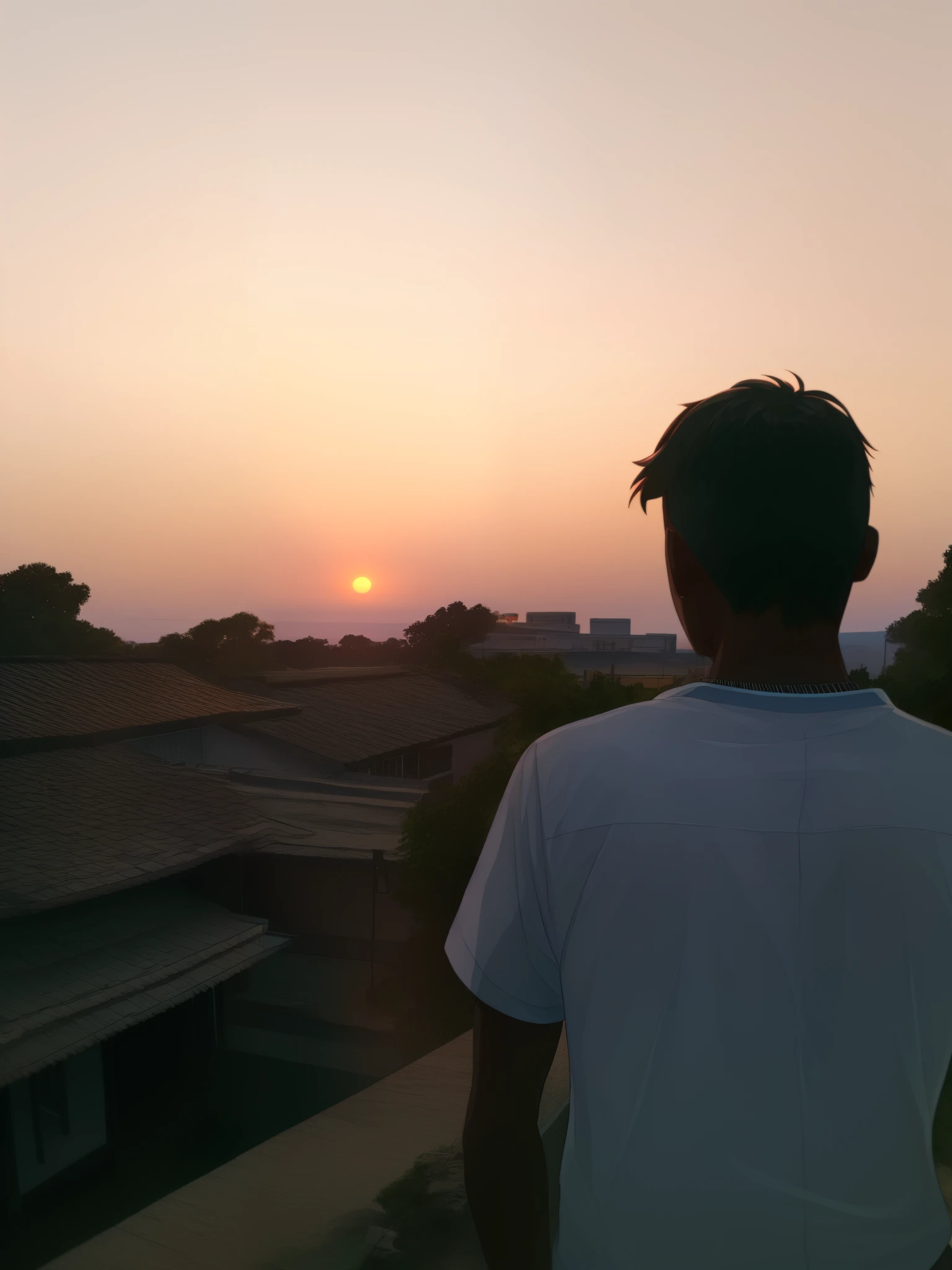 arafed man looking at the sunset over a rooftop area, with sunset, looking at sunset, with a sunset, sunset time, during sunset, at a beautiful sunset, sunset view, during a sunset, looking out at a sunset, sunset in background, looking off into the sunset, the sun is setting, sunset in the background, sun setting in the background