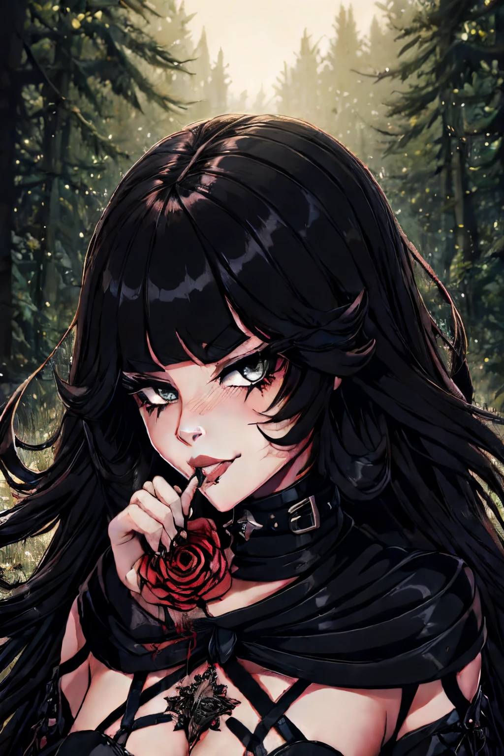 ((masterpieve, best quality, highres, UHD, perfect pixel, depth of field, 4k, RTX, HDR)) 1girl, solo, beautiful woman ((long hair, bangs, wavy hair, black hair, super long hair)) big beautiful eyes, plump lips, sexy smirk, smug smirk, blood dripping from lips, gothic clothing, gothic dress, emo aesthetic, punk goth aesthetic, standing in forest, dark gloomy forest, bloody mouth