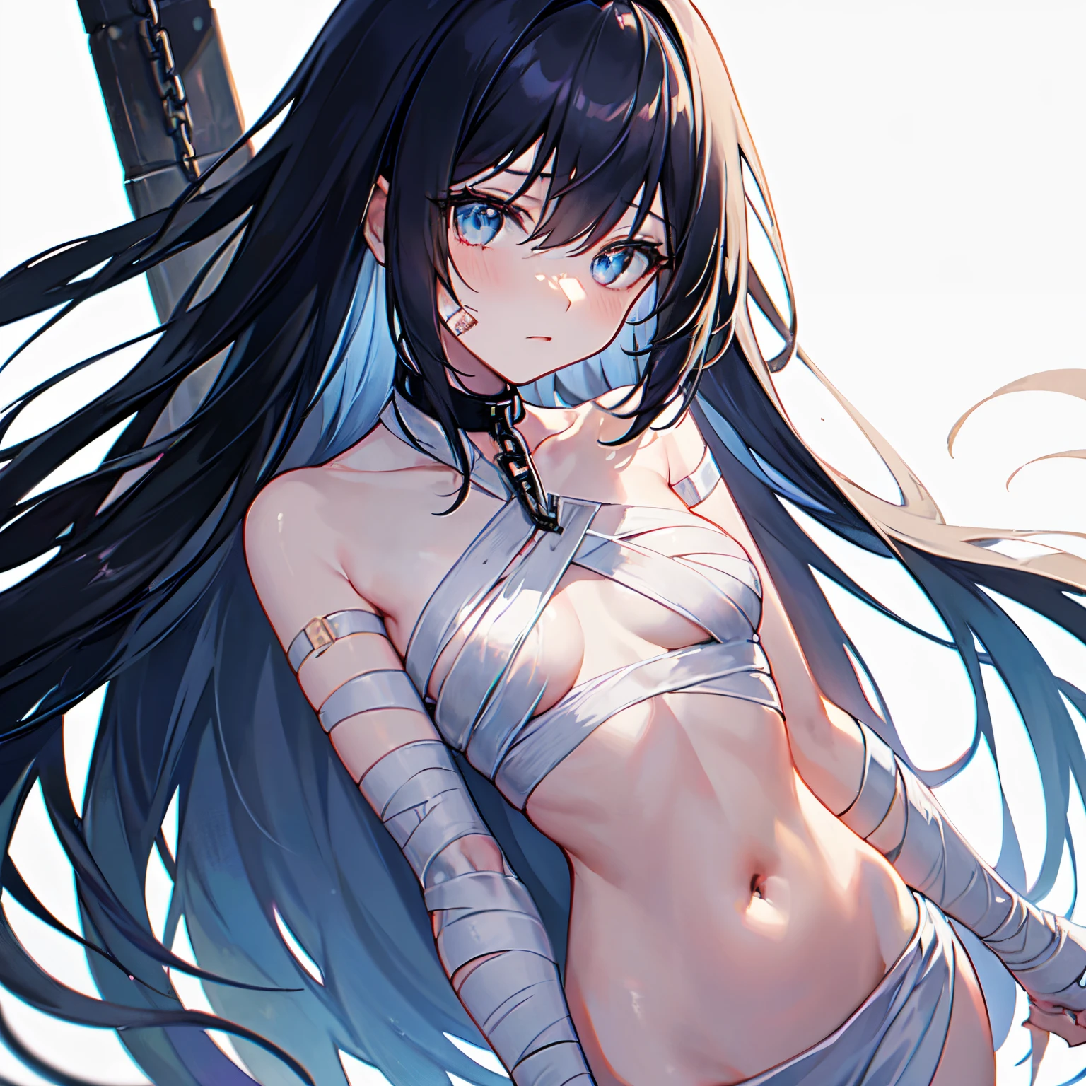 1 girl in, no smile, sparkling navy blue eyes, (black hair) , small stature, small breasts, loli, (masutepiece:1.2, Best Quality), (finely detailed beautiful eye: 1.2), (beautifull detailed face), High contrast, (Best Illumination, extremely delicate and beautiful), ((Cinematic Light)), Dramatic light, (Pale white background:1.5), bandaged_leg, bandages, bandaged_arm, naked_bandage, bandaged_neck, mummy_costume, navel, bandaged_hand,  bandaid, long_hair, collarbone, bare_shoulders, bandaged_head, collarbone, put lost of bandages on head, lots of bandages, bandage on the wound, sheis whole body was wrapped up in bandage,worn-out clothes, bound with chains, slave,