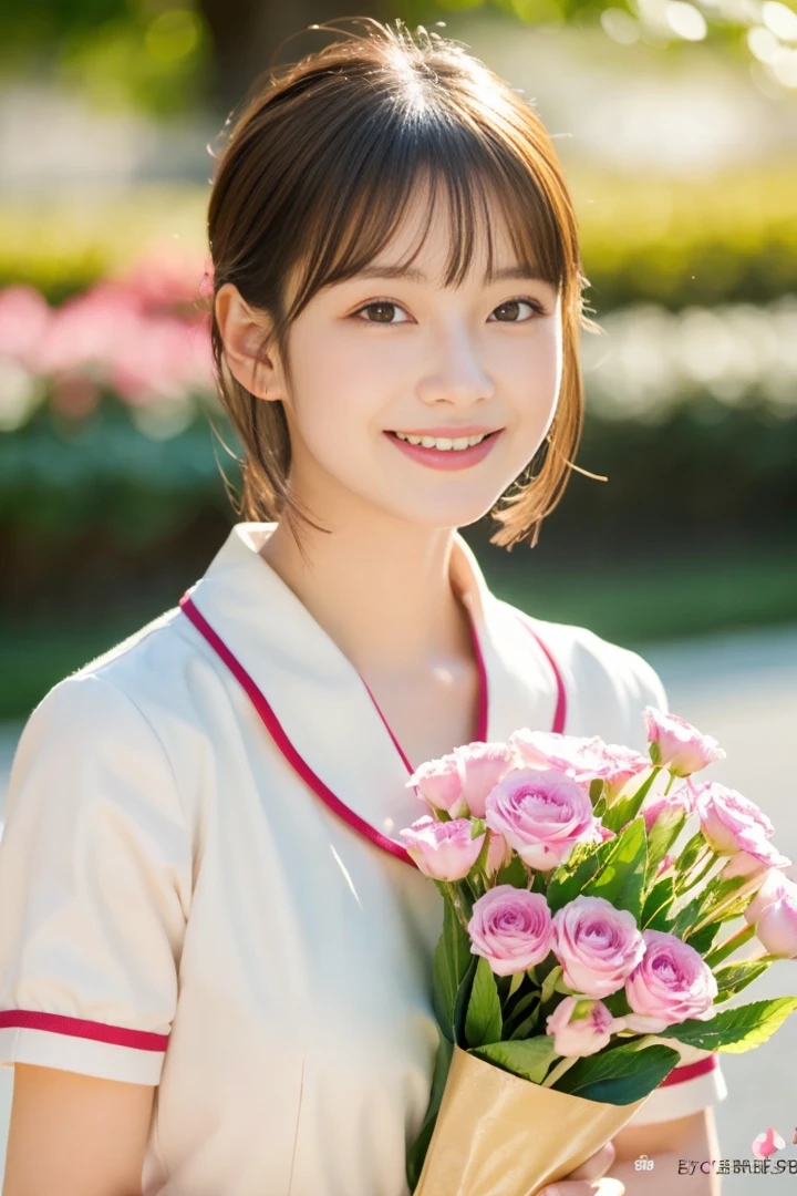 (Best Quality,4K,8K,hight resolution,masutepiece:1.2),Beautiful Girl,15 years old,uniform,Glowing skin,Sparkling eyes,long shiny hair,Sweet smile,Elegant posture,fresh flowers in the background,Vibrant colors,Soft lighting,Feminine elegance,short-cut