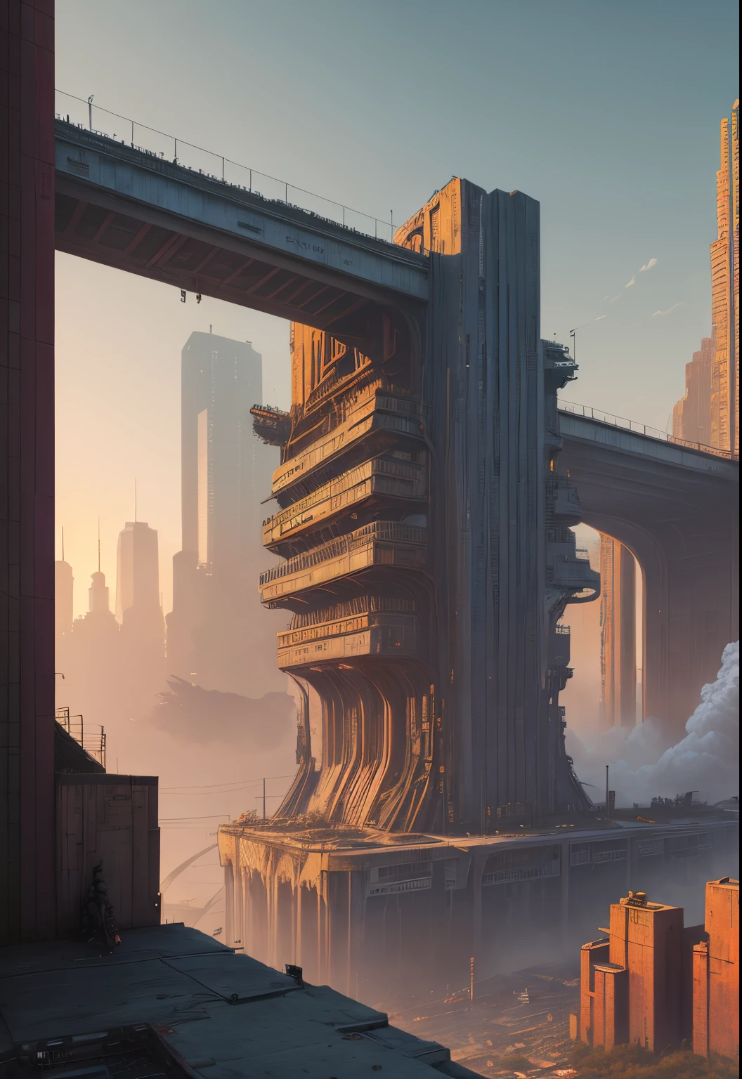 Sci-fi cyberpunk city，Bridges，trains，air vehicle，blasts，combats，overcast day，industrial architecture，tmasterpiece，best qualtiy，high detal，hyper realisitc
