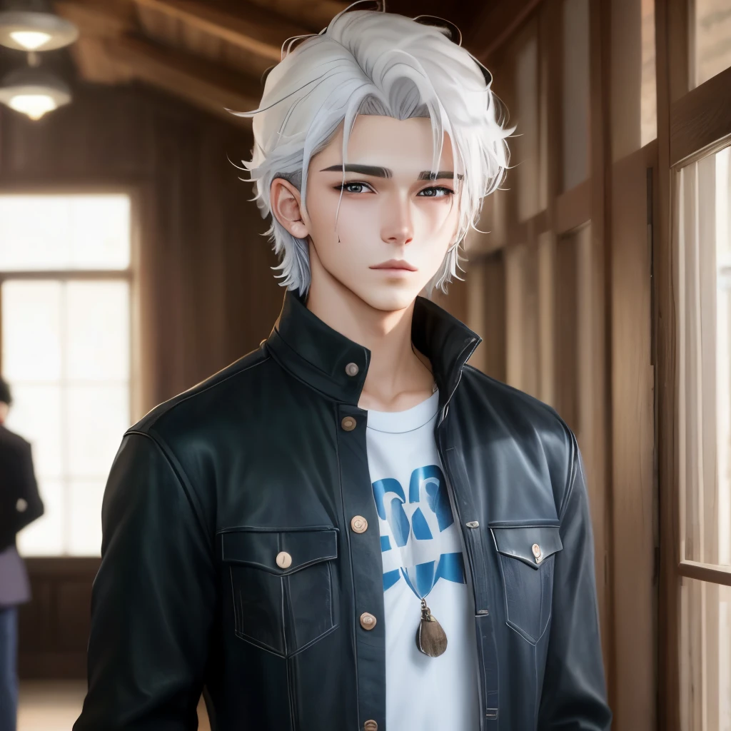 Hombre arafed con cabello blanco y ojos azules posando para una foto., Tiene pelos grises, Chico alto con ojos azules, Estilo anime masculino, Retrato Satoru Gojo, Anime de cosplay, como personaje de anime