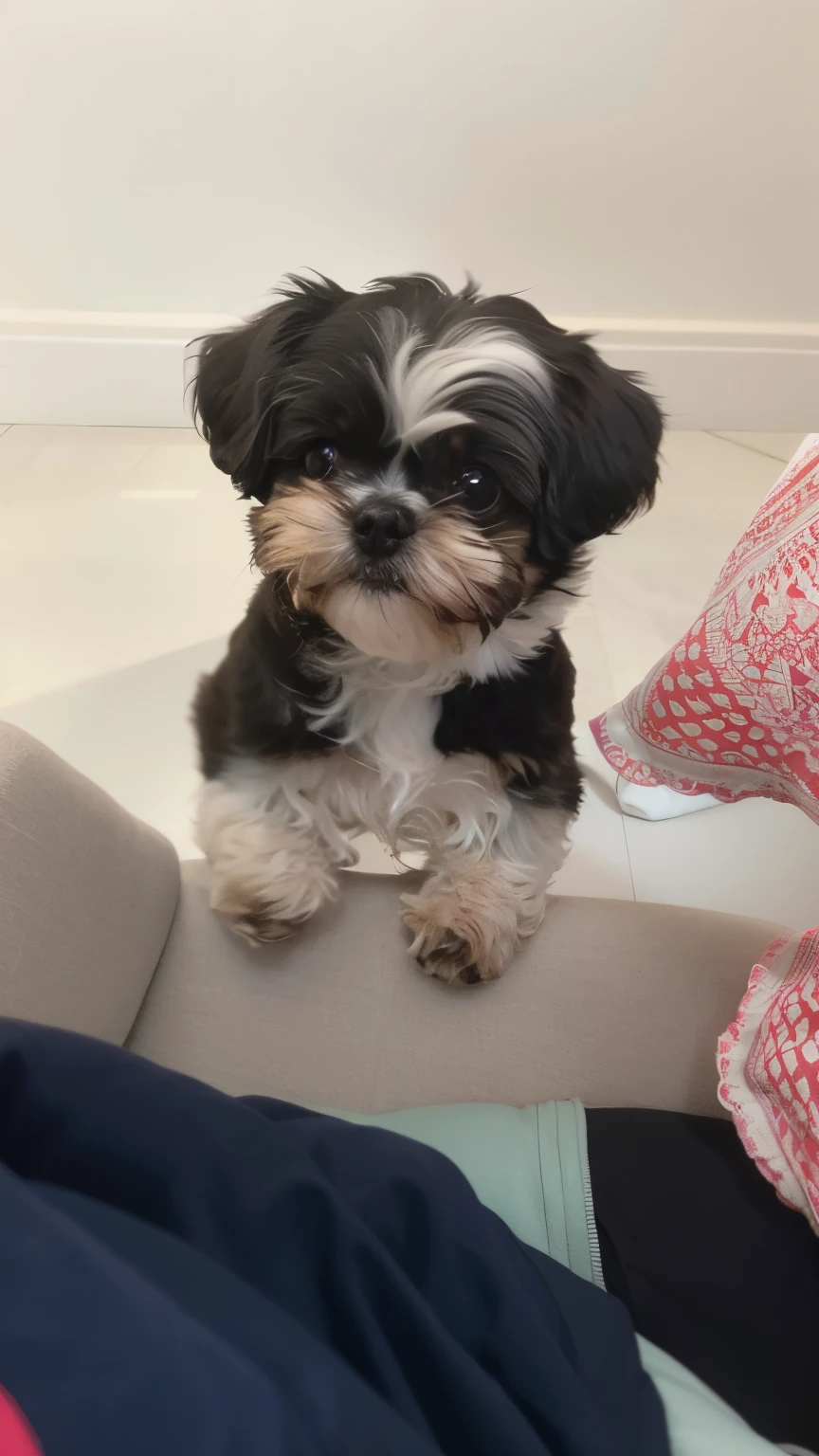 There's a small dog sitting on a couch with a pillow, Shih Tzu, um bonito, muito elegante, bonito, ele parece muito sofisticado, muito bonito, olhando heckin legal e elegante, staring directly at camera, muito bobo olhando, Directed by: Emma Andijewska, Looking towards the camera, staring directly at camera, aw, looks into the camera