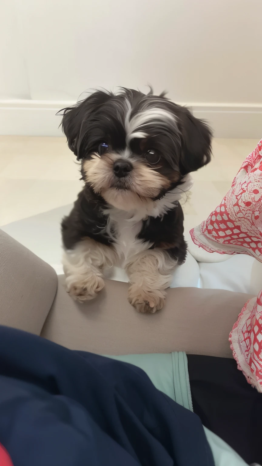There's a small dog sitting on a couch with a pillow, Shih Tzu, um bonito, muito elegante, bonito, ele parece muito sofisticado, muito bonito, olhando heckin legal e elegante, staring directly at camera, muito bobo olhando, Directed by: Emma Andijewska, Looking towards the camera, staring directly at camera, aw, looks into the camera
