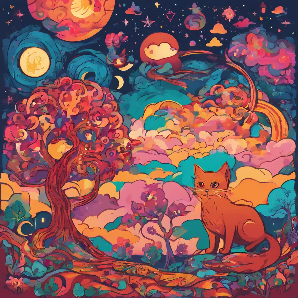 Clouds and trees々A starry sky with a warm moon featuring a reddish-brown cat as the main character