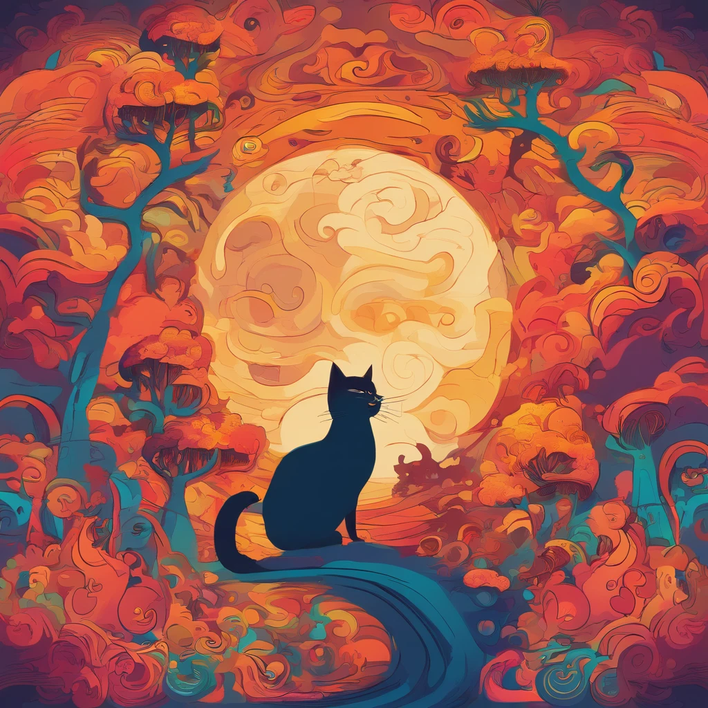 Clouds and trees々A starry sky with a warm moon featuring a reddish-brown cat as the main character
