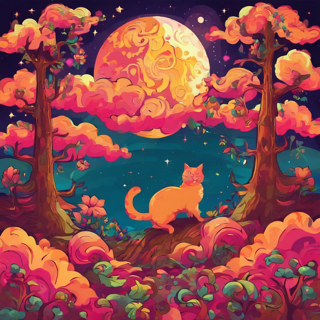 Clouds and trees々A starry sky with a warm moon featuring a reddish-brown cat as the main character