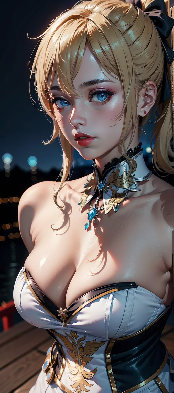 ((masterpiece)),(bestquality),((ultra-detailed)), ((beautiful detailed sky)), ((cinematic lighting)), depth of field, (dynamic angle),detailed lighting,(beautiful detailed eyes), ((japan night view)),red lip, eyeshadow,large breast, (erotic), ((sexy)), cleavage, navel, (jean favonian)