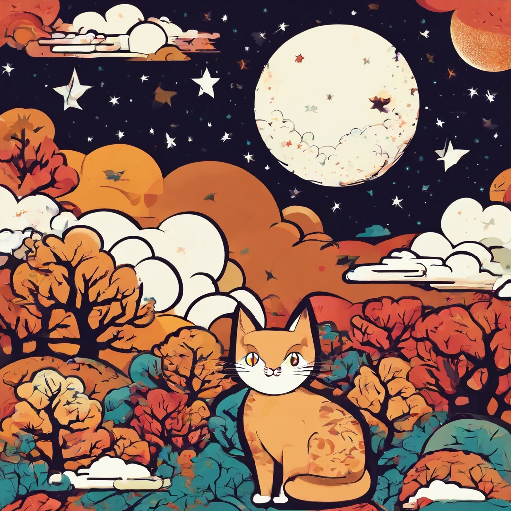 Clouds and trees々A starry sky with a warm moon featuring a reddish-brown cat as the main character