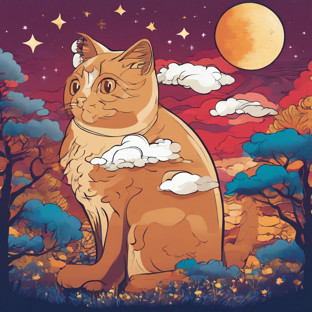 Clouds and trees々A starry sky with a warm moon featuring a reddish-brown cat as the main character