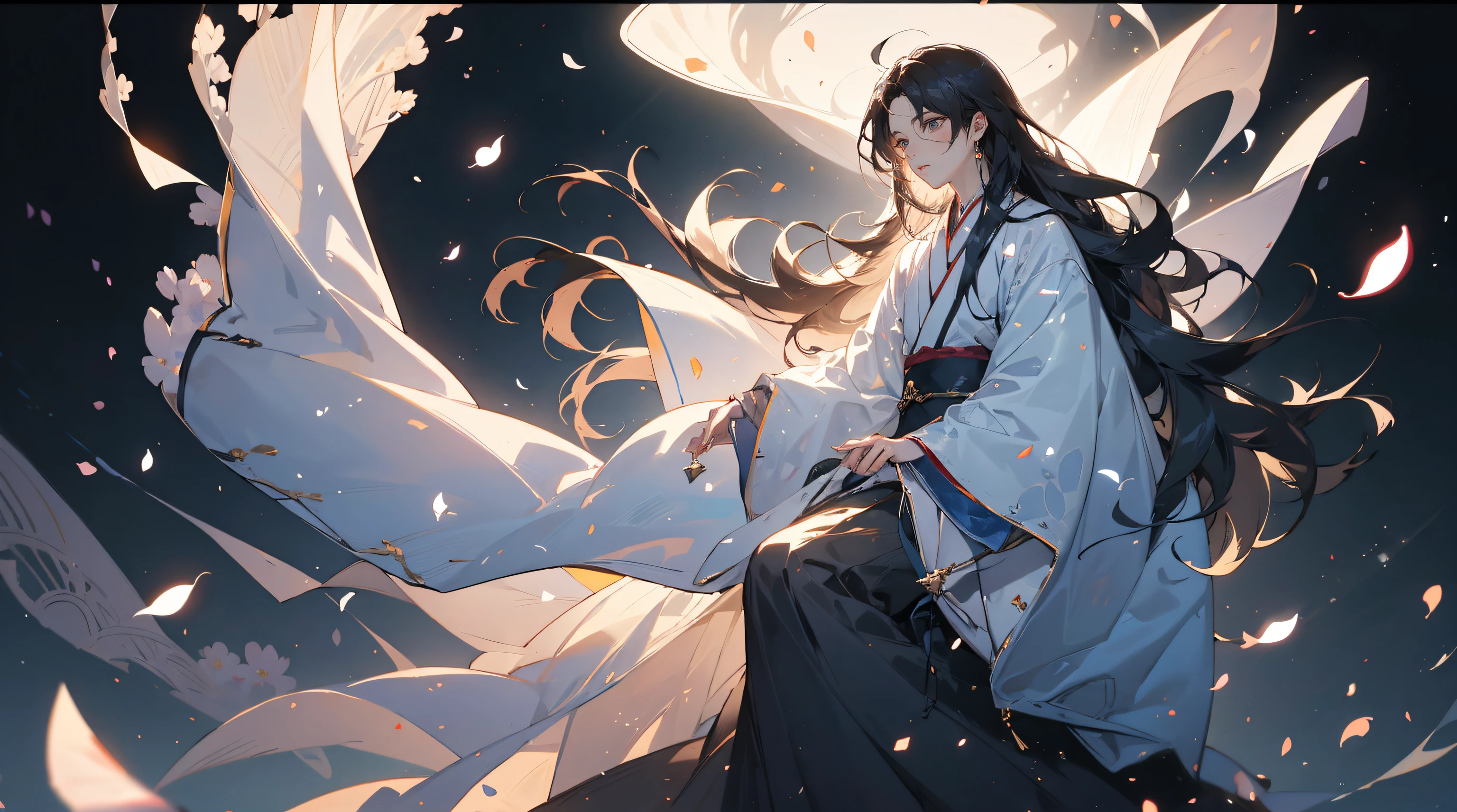 (male people)、(独奏)、(A beautiful man with long hair that reaches down to his feet)、BL、Face of a young man、Hanfu、(Full body view)、hair that shines through the light、Transparent hair、Straight hair、delicated face、With bangs、Beautiful clear eyes、cool、Watercolor style、starrysky、Impression、Transparency、cleanness、Illustration with transparency、PastelColors、Light refraction、light reflections、Glow、lensflare、light from above、warm and soft light、light leaking through the gap、sparkling dust、flower petals、very pale drawing