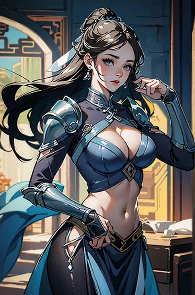close up shot of a woman in a silver and blue dress, silver armor, large breasts, cleavage, chengwei pan on artstation, by Yang J, detailed fantasy art, stunning character art, exposed midriff
