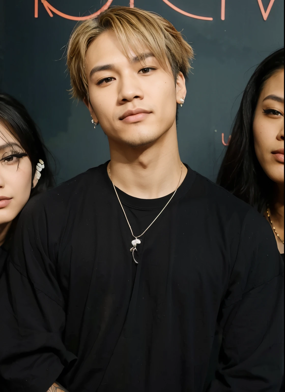 Sem camisa, cabelo loiro, man asian, lily tattoo on arm, lip and cheek piercing