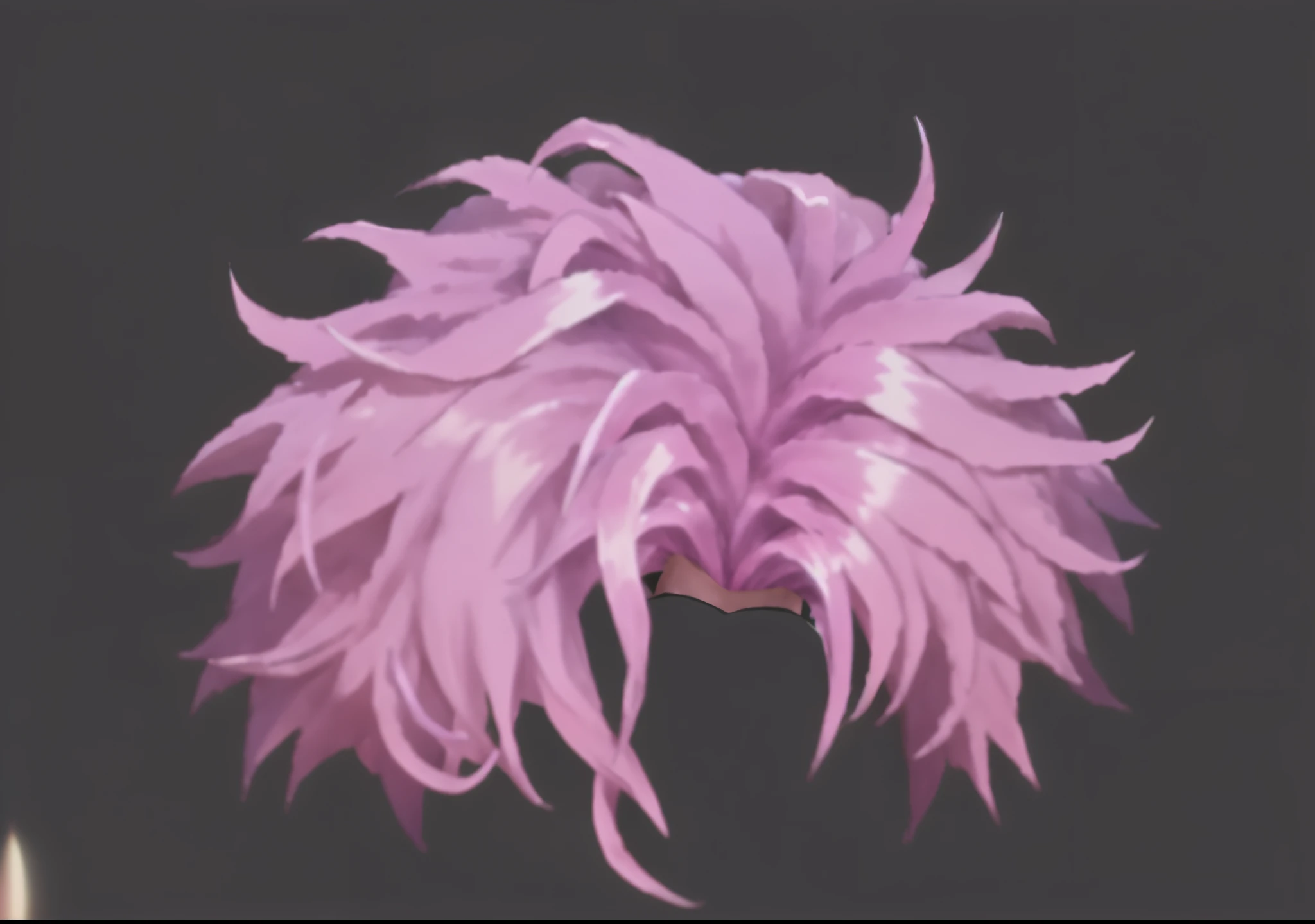 Has pink hair,Purple top,Black background, pink fine hair, fluffy mane, Pink spiked long hair, Long flowing pink hair, turnip hair, fractal hair, pink mohawk, Wild spiked black Saiyan hair, voluminous hair, huge pink curls, Yunfa, Pink Crystal Mohawk, Huge pink hair, pink scrunchie, ornate hair