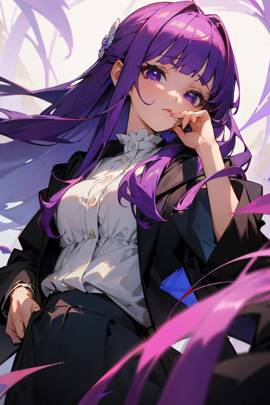 （（tmasterpiece，Best quality at best））1girll，独奏， Ultra-detailed eyes，Purple colored hair,side locks, hair adornments,a purple eye,,white  shirt,jaket,Open your clothes,centerpiece,Flower field magic，full bodyesbian