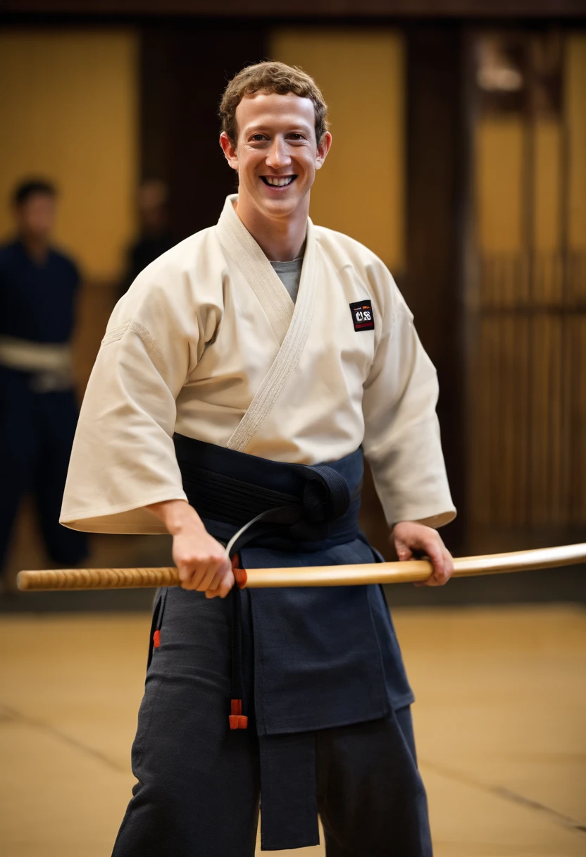 A photo of Mark Zuckerberg in a kendo dojo, wearing traditional kendo armor and holding a bamboo sword with a focused expression on his face.,original,Zuckerberg maintains a notably consistent personal style, famously known for his simple gray t-shirts and hoodies, which reflect his utilitarian approach to life and work. He has a youthful, clean-cut look with short, curly hair and typically wears jeans or casual trousers, projecting an image of approachability that aligns with the casual culture of Silicon Valley.