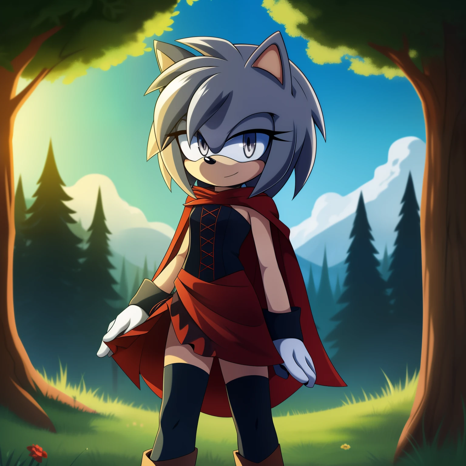 ruby rose, dark crimson red fur, short hair, mistralrose, dress, corset, red cape, thighhighs, (grey/silver eyes), ((Mobian)), ((Hedgehog)), ((Ruby Rose as a Mobian)), (1girl), (solo), outdoors, night, nature, forest, looking at viewer, (cowboy shot:1.5), ((masterpiece:1.2), best quality, detailed, perfect lighting, (perfect hands), 2D Anime style)